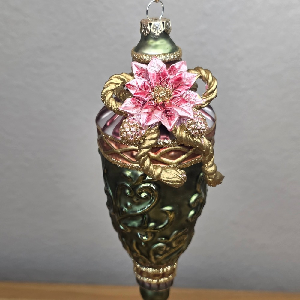Vintage Glass Finial Ornament Green Pink Poinsettia Gold Rope Glitter 6.25in